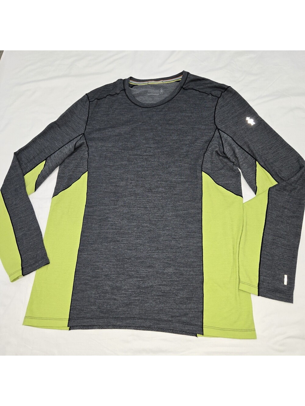 EUC Sz LARGE Smartwool Merino Sport Long Sleeve Crew Charcoal-Citron Reflective
